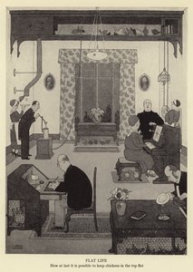 Flat life, how at last it is possible to keep chickens in the top flat by William Heath Robinson