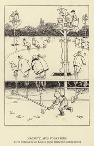 Magnetic aids to skaters, to be installed in the London parks during the skating season by William Heath Robinson