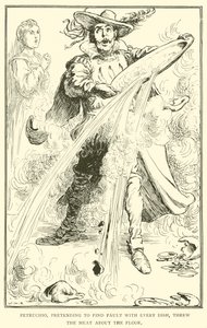 Petruchio, pretending to find fault with every dish, threw the meat about the floor by William Heath Robinson