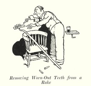 Removing Worn-Out Teeth from a Rake (lithograph) by William Heath Robinson