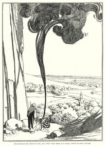 The magician set them on fire, and when they were in a blaze, threw in some incense (engraving) by William Heath Robinson