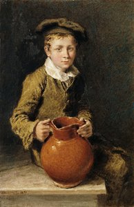 A Boy Seated on a Bench with a Pitcher