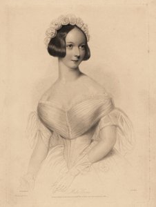 Miss Gore. In off-the-shoulder dress with tight waist, hair decorated with a garland of roses. Steel stipple engraving by William Henry Mote after an illustration by William Drummond from Charles Heath’s English Pearls, or Portraits for the Boudoir by William Henry Mote