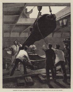 Armament of HMS Northampton in Chatham Dockyard, lowering an 18-Ton Gun into the Battery by William Heysham Overend