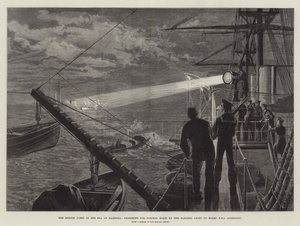 The British Fleet in the Sea of Marmora, searching for Torpedo Boats by the Electric Light on Board HMS Agincourt by William Heysham Overend