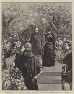 The Royal Visit to Leeds, the Prince and Princess of Wales receiving an Address from the Leeds Corporation in the Victoria Hall by William Heysham Overend