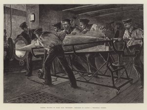 Torpedo Practice on Board HMS Thunderer, preparing to launch a Whitehead Torpedo by William Heysham Overend