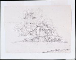 Chiswick, design for a rockwork cascade with an octagonal Doric temple on the terrace behind by William Kent