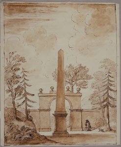 Chiswick, View of the Burlington Lane Gate, the Obelisk in the Foreground, and Kent with Dog by William Kent