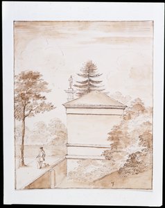 Chiswick, View of the Side of the Deer House Taken from the Inner Embankment of the Ha-Ha of the Deer Enclosure and with a Glimpse of the Doric Column (pen & wash on paper) by William Kent