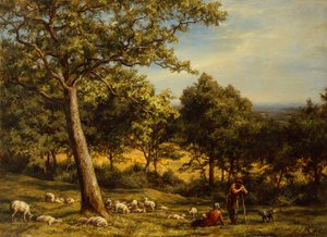 A Shepherd and His Flock in a Sunlit Wooded Landscape by William Linnell