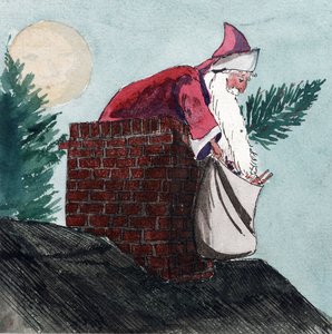 Santa Claus, coming down through a chimney, pulling a bag full of toys and a Christmas tree. Watercolor, early 20th century, by William Lionel Wyllie