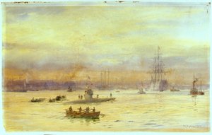 This view looks up the harbour on the Gosport side where a submarine is running in, with another ahead of it.