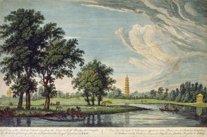 Kew, A View of the Lake and Island Seen from the Lawn, with the Bridge, the Temples of Arethusa and Victory and the Great Pagoda in the Royal Gardens at Kew by William Marlow