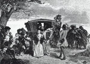 Highwayman Claude Duval depicted in the legendary moment when he declines to take all his loot if the wife of his victim dances a 