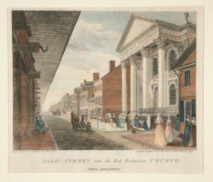 High Street, with the First Presbyterian Church, Philadelphia by William Russell Birch