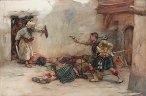 Drummer James Roddick of the 92nd Gordon Highlanders, defending Lieutenant Menzies during hand-to-hand fighting in Kandahar by William Skeoch Cumming