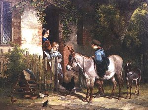 Figures with Donkeys Outside a Cottage
