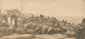An Italian Landscape: Village on a Hill Left, Hillside Sloping Towards Right, with Distant Valley Beyond by William Taverner