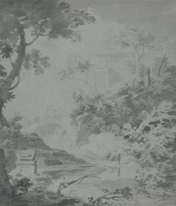Landscape with a Distant Classical Building and a Man Fishing by William Taverner