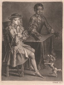 Two Young Men, One Playing a Recorder, the Other Pointing at a Dancing Dog by William Vincent