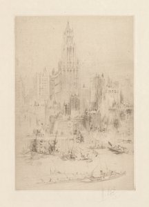 Downtown Manhattan from the East River, with the Woolworth Building by William Walcot