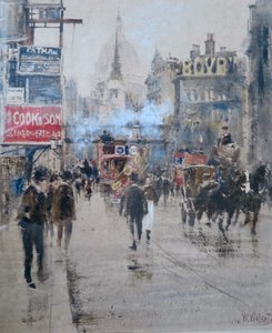 Fleet Street and Ludgate Hill Viaduct with smoke from a passing train