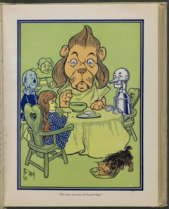 "The Lion ate some of the porridge", illustration from "The Wonderful Wizard of Oz" by Lyman Frank Baum by William Wallace Denslow