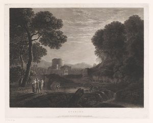 Landscape with Gate and Tower on the Bank of a River, Evening (title on object) by William Woollett