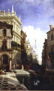 A Capriccio View of Venice with a Princess Being Shown to a Gondola at the Back of the Scuola di San Marco by William Wyld