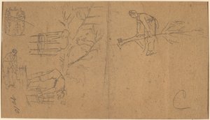 Soldiers felling sapling, and weaving saplings into baskets by Winslow Homer