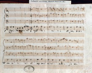 Sheet music page of Querite primum regnum Dei by Mozart to obtain the title of Accademico filarmonico