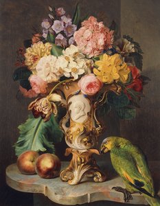 A Still-Life with a Vase of Assorted Flowers, Peaches and a Parrot on a Marble Ledge