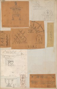 Page from a Scrapbook containing Drawings and Several Prints of Architecture, Int...