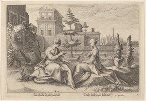 Juno in the Form of Beroe, Warning Semele by Workshop of Hendrick Goltzius, after Hendrick Goltzius