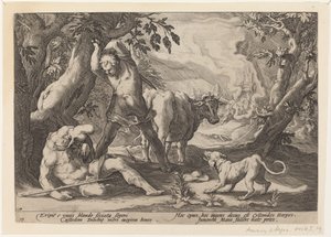 Landscape with Mercury Raising His Sword to Kill a Sleeping Argus by Workshop of Hendrick Goltzius, after Hendrick Goltzius