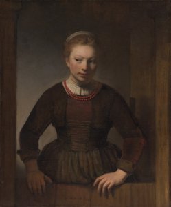 Young Woman at an Open Half-Door by Workshop of Rembrandt van Rijn