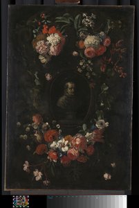 Feigned Sculpted Bust of the Blessed Hieronymus Werdanus Set in a Feigned Stone Cartouche, Decorated with a Swag and Two Bunches of Flowers by Wouter Gysaerts