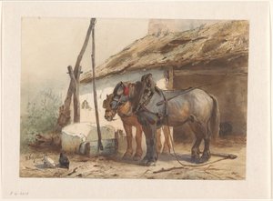 Two Horses Standing in Front of a Stable