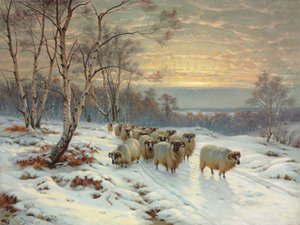A Shepherd with his Flock in a Winter Landscape by Wright Barker
