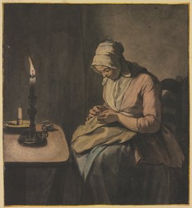 Woman in Candlelight Doing Handwork by Wybrand Hendriks