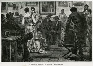 A musico at the port of Antwerp, where sailors can drink and dance to the sound of the prickly organ. Engraving by X.Mellery, to illustrate the story of Belgium, by Camille Lemonnier, published in the Tour du monde, edited by Edouard Charton (1807-1890) by Xavier Mellery