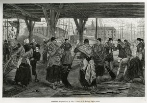 Desalation of the skins, by women scraping the remains of the beasts stretched under the structures of the halls of the port of Antwerp. Engraving by X.Mellery, to illustrate the story of Belgium, by Camille Lemonnier, published in the Tour du monde, edite by Xavier Mellery