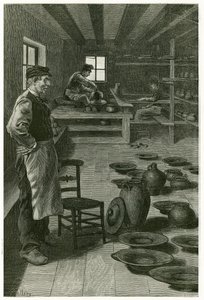 The potter of Terneuzen, in his workshop, clogged with vases and dishes, near the window, the potter works the clay on the harness and his apprentice, below, works the turn. Engraving by X.Mellery, after nature, to illustrate the story 