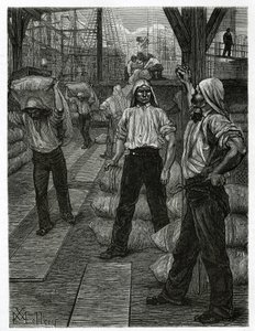 The unloading of a ship, the dockers with their heads covered with a tarmac cap, pile up the goods on the docks of the port of Antwerp. Engraving by X. Mellery, to illustrate the story of Belgium, by Camille Lemonnier, published in the Tour du monde by Xavier Mellery