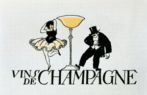 Advertising vignette for Champagne wines representing a couple dancing around a cup, 20th century by Xavier Nogues