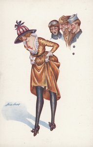 Pretty Girl, Pulling Up Her Skirt to Show Some Leg, to the Amusement of Soldiers