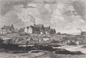 Country landscape with a river running at right and houses in the background by Xavier de Dananche