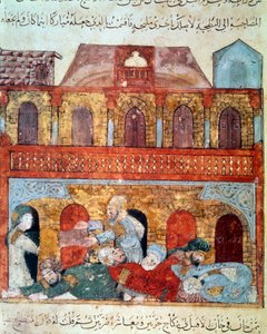 The wandering navigator Abu-Zayd and the sleeping merchants. Miniature from the Maqamat (Seances) by Abu Mohammed al-Kasim ibn Ali Hariri (1054-1122) illuminated by Yahya Mahmud al-Wasiti by Yahya ibn Mahmud Al Wasiti