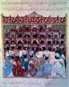 The wandering navigator Abu-Zayd holding a speech in the Basra library. Miniature from the Maqamat (Seances) by Abu Mohammed al-Kasim ibn Ali Hariri (1054-1122) illuminated by Yahya Mahmud al-Wasiti by Yahya ibn Mahmud Al Wasiti